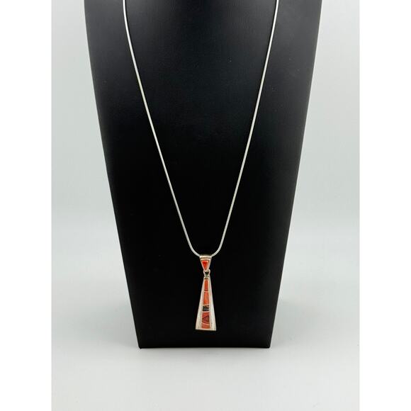 Rare Signed Rick Tolino Navajo Fire Opal Pendant Necklace - Picture 2 of 3